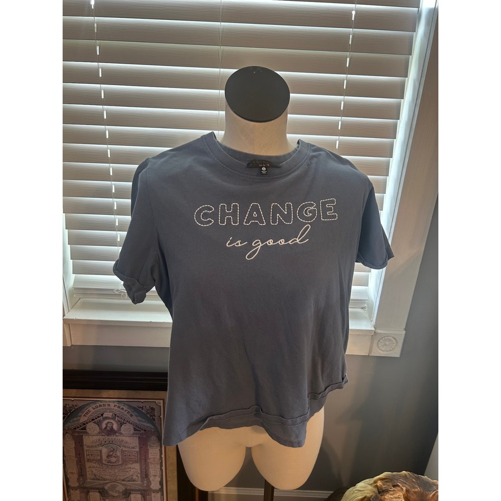 Love Peace & Lazy Change Is Good Graphic Tee Slate Blue Embroidered T-Shirt
